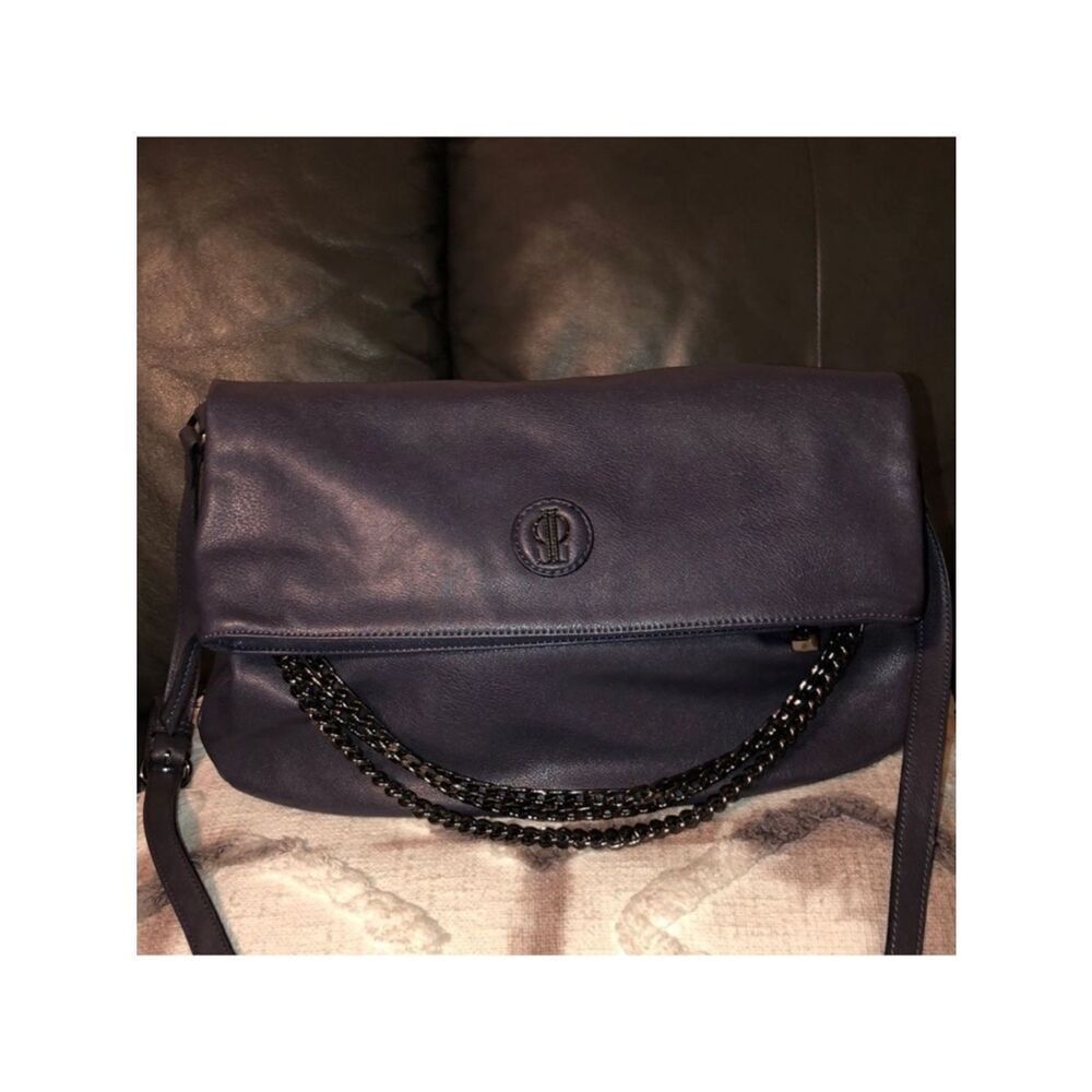 Jennifer Lopez Indigo Faux Leather Foldover Cross Body Purse Bag Chain Detail